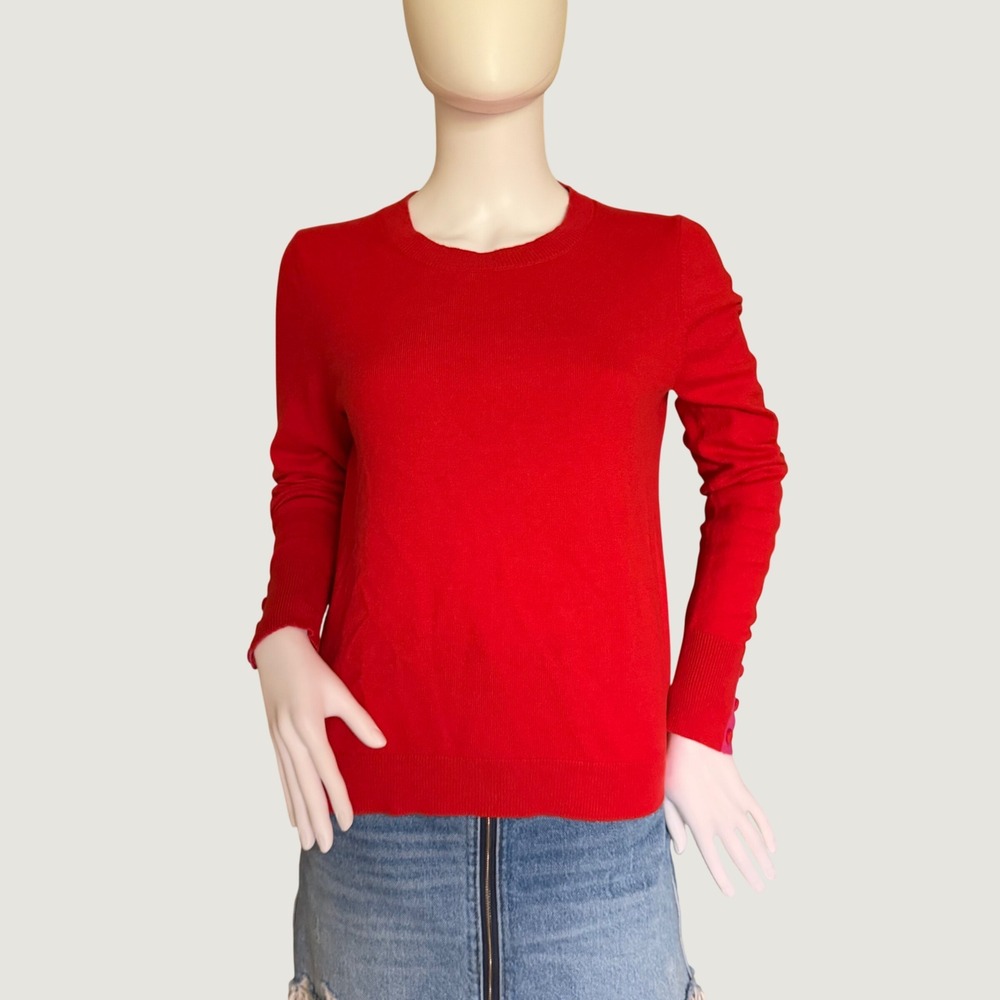 AS IS !! Boden Red Button Back Cashmere Blend Crewneck Sweater Pink Trim US 6